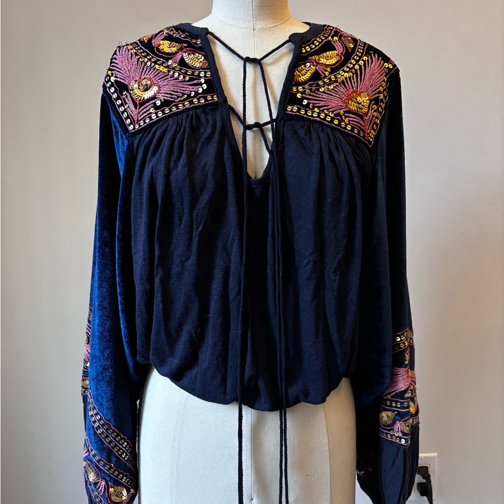 Free People Blue Long Sleeve Embellished Blouse